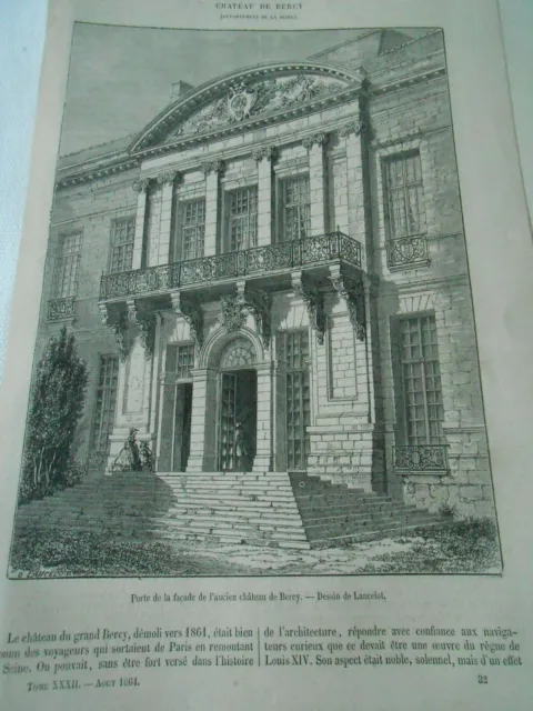 Chateau de Bercy ( dpt de la Seine ) 1864 Gravure Old Print