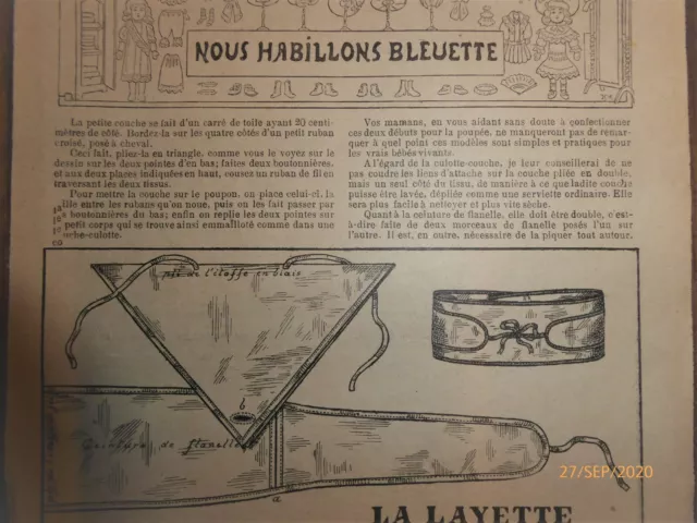 patron original poupée bleuette  "la layette : couche et ceinture" 1908