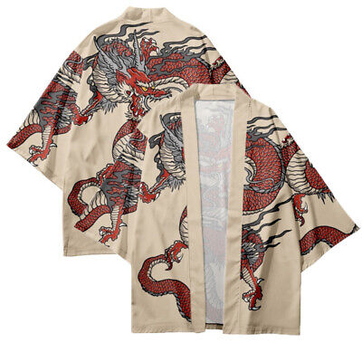 Uomo Giapponese Kimono Cardigan Cappotto Yukata Dragon Motivo 3/4 Manica Giacca