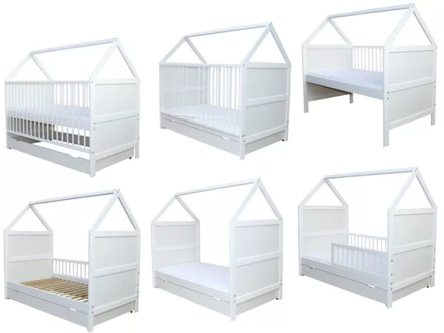 Babybett Kinderbett Juniorbett Bett Haus Matratze Schublade weiss 0 bis 6 Jahre