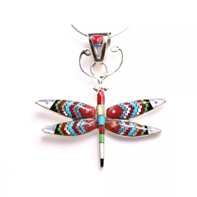 Sterling Silver Dragonfly Inlay Pendant - One of a Kind Southwestern Jewelry