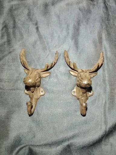 2 Cast Iron Moose Elk Deer Head Antler Bust Wall Mount Hook Mtn Cabin NO SCREWS
