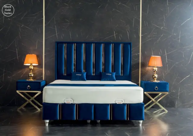 Juego de dormitorio azul metal cama estilo elegante 2 mesitas de noche modernas nuevas 3 piezas