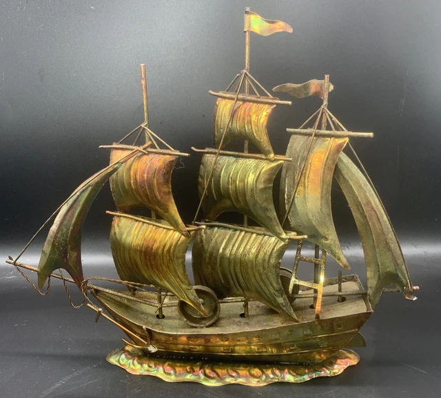 Nanco Nancy Sales Company Brass Ship Sculpture Vintage Nautical Beach House