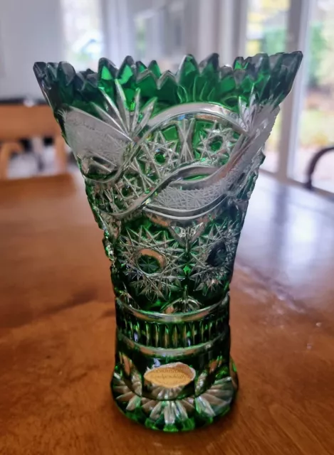 Antike Kristallglasvase- Überfangglas-Grün-Handgeschliffen-Mundgeblasen-16Cm
