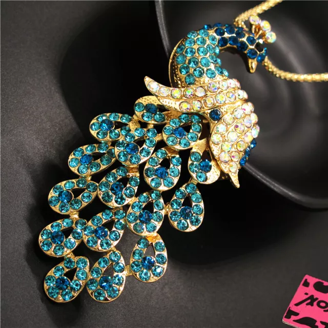 Jewelry Fashion Rhinestone Blue Bling Peacock Crystal Pendant Chain Necklace 3