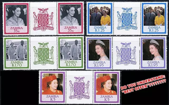 👉 ZAMBIA 1986 QUEEN ELIZABETH II BIRTHDAY gutter blocks of 4 MNH ROYALTY, ARMS