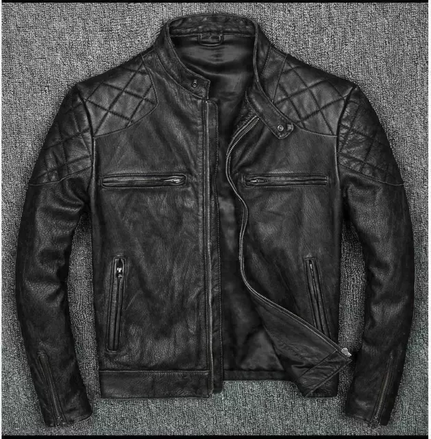 Men’s Motorcycle Biker Cafe Racer Vintage Distressed Black Real Leather Jacket