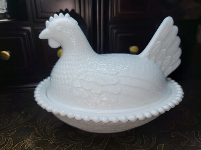 Vintage White Milk Glass Chicken Rooster Kitchen Farm Candy Dish Thanksgiving
