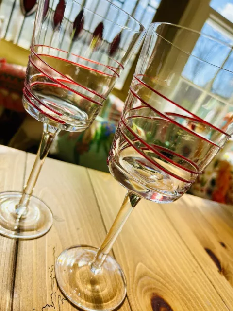 Handblown Decorative Red Swirl Wine Glasses Pier One Square Shaped!