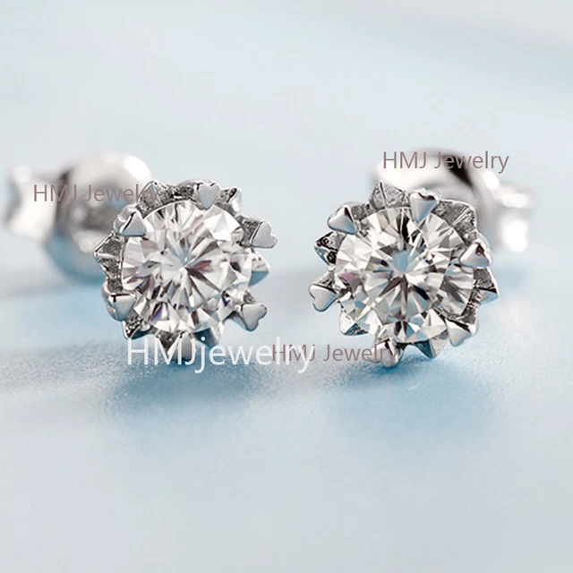 925 Silver Round Cut Moissanite Stone Snowflake Stud Earrings VVS1 White Gold