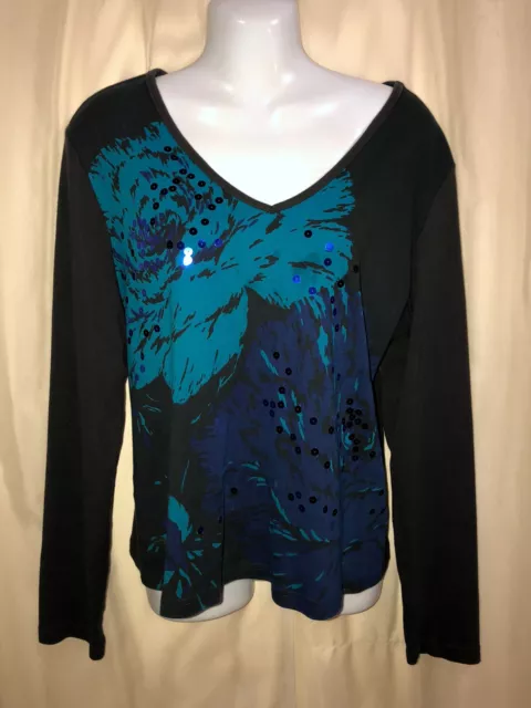 NEW YORK & CO Sequined Graphic Long sleeve Knit top BLOUSE  Women's Size XL
