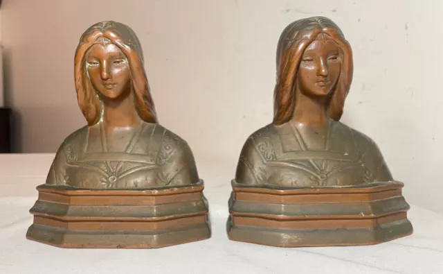 pair of 2 antique 1800's bronze clad lady bust statue Beatrice bookends set