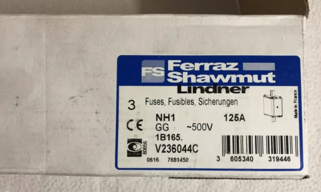 3 St. Ferraz Shawmut NH1 Sicherungseinsatz 500V 125A, Gr.1, mit Kennmelder, NEU