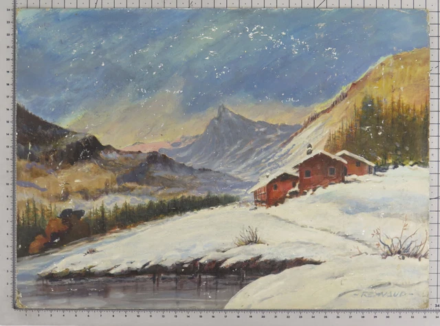 Viejo Cuadro Paisaje Nevado Nieve Alpi Firmado Reynaud Óleo En Mesa Bsn