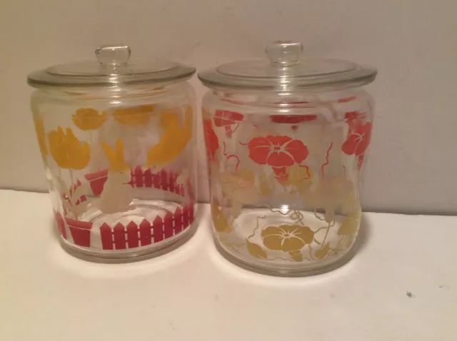 Vintage Glass Canister W/Lids Morning Glory -Lamb Ducks (2)
