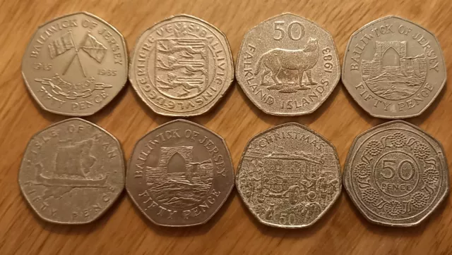 8 X Large Old 50p Coins Gibraltar, Falklands, Isle Of Man, Guernsey, Jersey