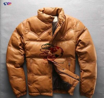 Mens Fly Puffer Quilt Genuine Leather Jacket Winter Down Warm Filling Sale Price