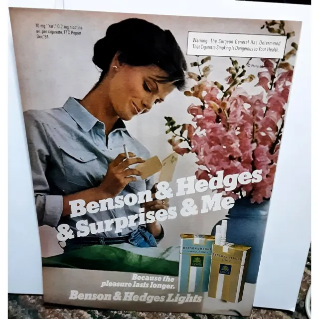 1982 Benson Hedges Cigarettes Woman Flowers Vintage Print Ad Original 80s