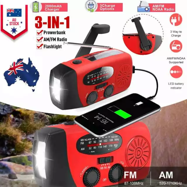 Hand Crank Dynamo Wind Up Solar Portable AM FM Radio USB Charger Light Torch NV