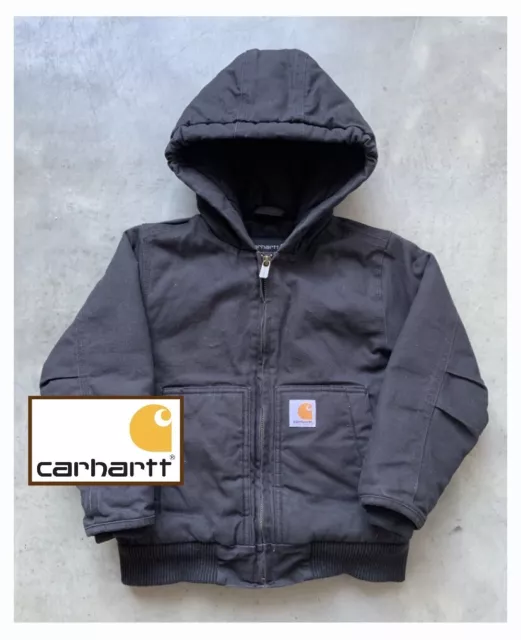 CARHARTT FULL ZIP Hooded Quilt Lined Black Jacket Coat Boy s