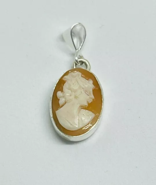 Gorgeous Vintage Real Carved Shell Cameo Pendant 925 Solid Silver #16537