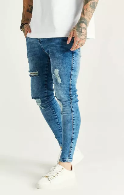 Jeans Uomo Siksilk Essential Skinny Fit Ripped Blu Denim