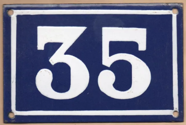 Old blue French house number 35 door gate plate plaque enamel steel metal sign