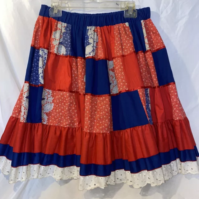 Vintage Square Dance Patchwork Red White  Blue Rockabilly Full Circle Skirt