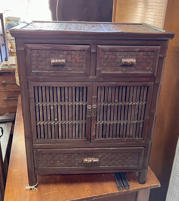 Pair Of Vintage Split Bamboo Rattan Nightstands Retro Storage Cabinet 28” Tall