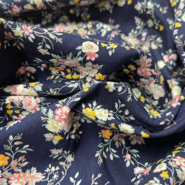 Small Roses Floral 100% Cotton Poplin Fabric 45" Rose & Hubble Kids Cloth NAVY