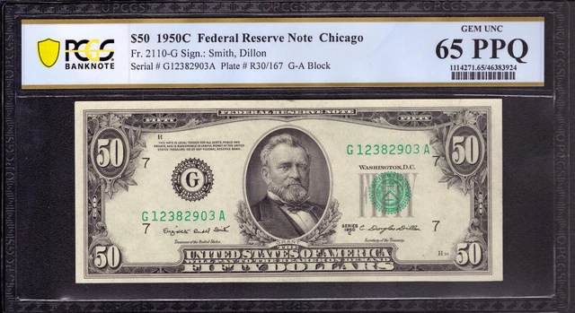 1950 C $50 Federal Reserve Note Chicago Fr.2110-G Pcgs B Gem Unc 65 Ppq