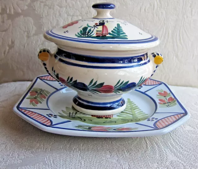 Quimper Breton Woman Henriot COVERED ONION SOUP MINI TUREEN AND Plate