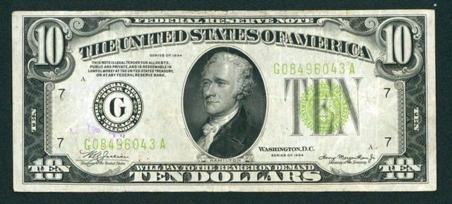 $10 1934 LGS LIME ((LIGHT GREEN SEAL)) Federal Reserve DAILY CURRENCY AUCTIONS 2