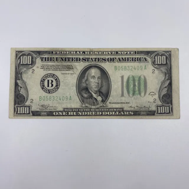 1934-A New York $100 One Hundred Dollar Federal Reserve Note Green Seal VF+