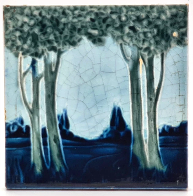 Art Nouveau Fireplace Tile Landscape Majolica Henry Richards C1905 AE10