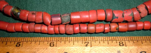 Strand Of (115) Vintage Hudson's Bay Brick Red Green-Heart Trade Beads