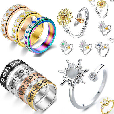 Sunflower Fidget Rings For Women Daughter Anti Anxiety Spinner Jewelry Gift