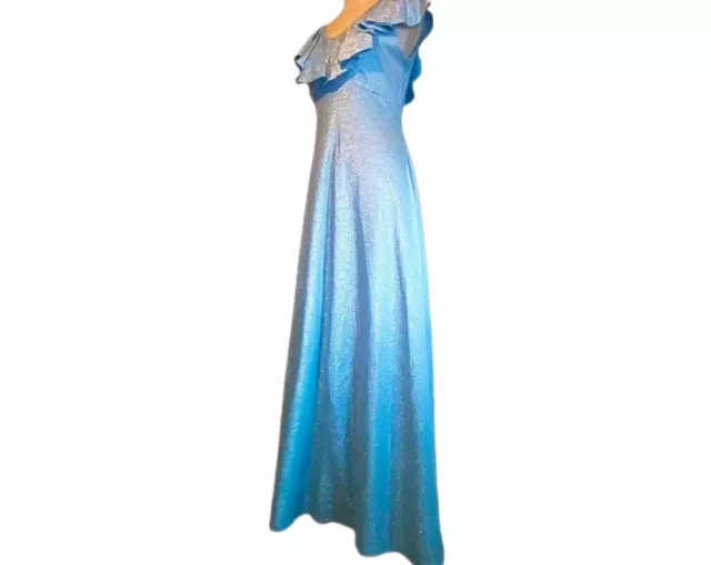 VTG JC Penney 70s Does The 1930s Light Blue Glitter Ruffle Neck Evening Gown S