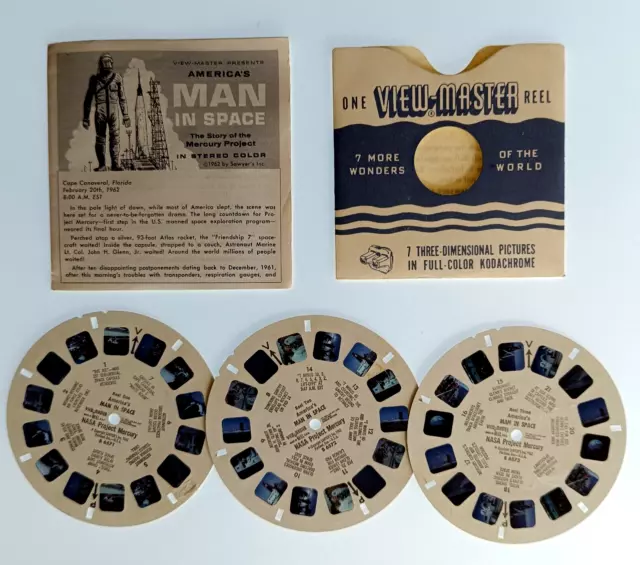 3x VIEW MASTER 3D REEL ⭐ AMERICA`S MAN in SPACE ⭐ ERSTER MANN IM WELTALL , NASA 3