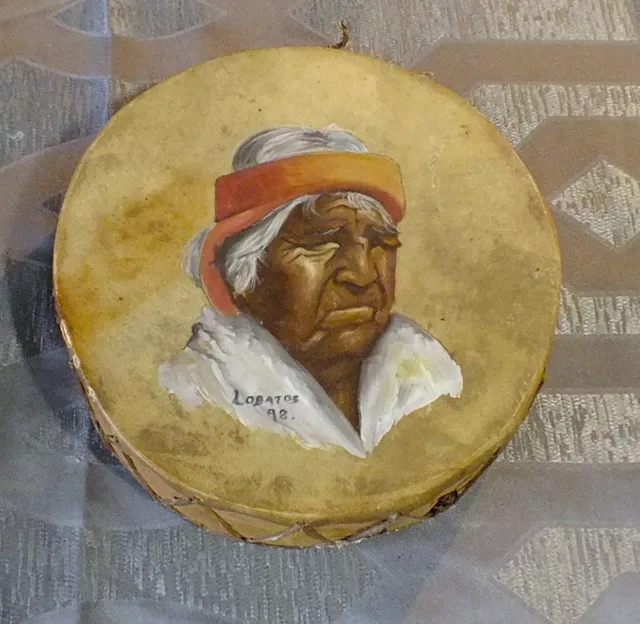 Vintage Signed LOBATOS Hand Crafted SOUTHWESTERN Musical DRUM