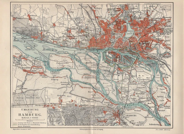 Hamburgo Finkenwerder Bergedorf Harburg Mapa de la Ciudad 1905 Wilhelmsburg