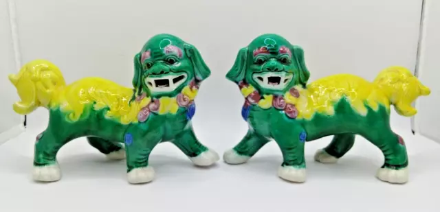 Chinese Guardian Lions pair of Yellow Green Foo Dogs Porcelain Vintage Statues