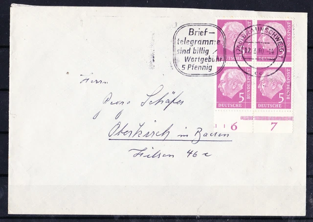 Bund Heuss I,  5 Pf, Mi. 179 4er-Block mit Unterrand auf Brief, reine MeF
