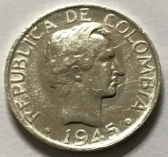 1945 B Colombia 20 Centavos Silver Key Date High Grade