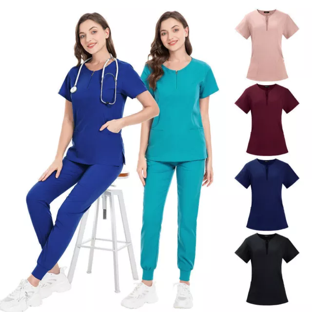 Scrub Medical Uniform Zip Top & Jogger Pant Nurse Hospital  Workwear 6 Colours