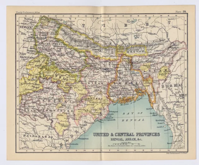 1912 Antique Map Of Bengal Central Provinces Verso Calcutta / British India