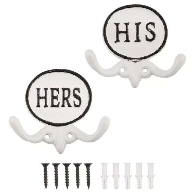 Cast Iron His/Hers Towel Hooks Set of 2, White Rustic Farmhouse Decor