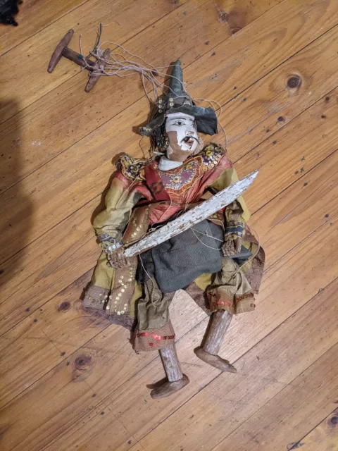 Antique 1900s Burmese Warrior Wooden Marionette String Puppet Curiosity Odd Rare