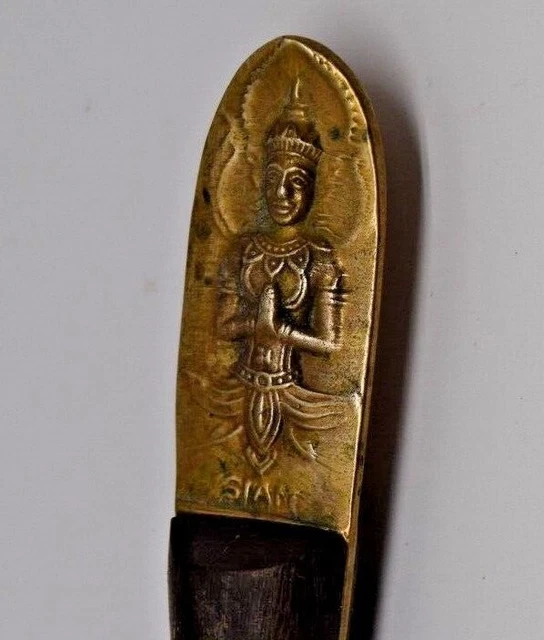 Antique Ⓒ1940's SIAM Hindu Goddess Brass & Teak Wood 7" Souvenir LETTER OPENER